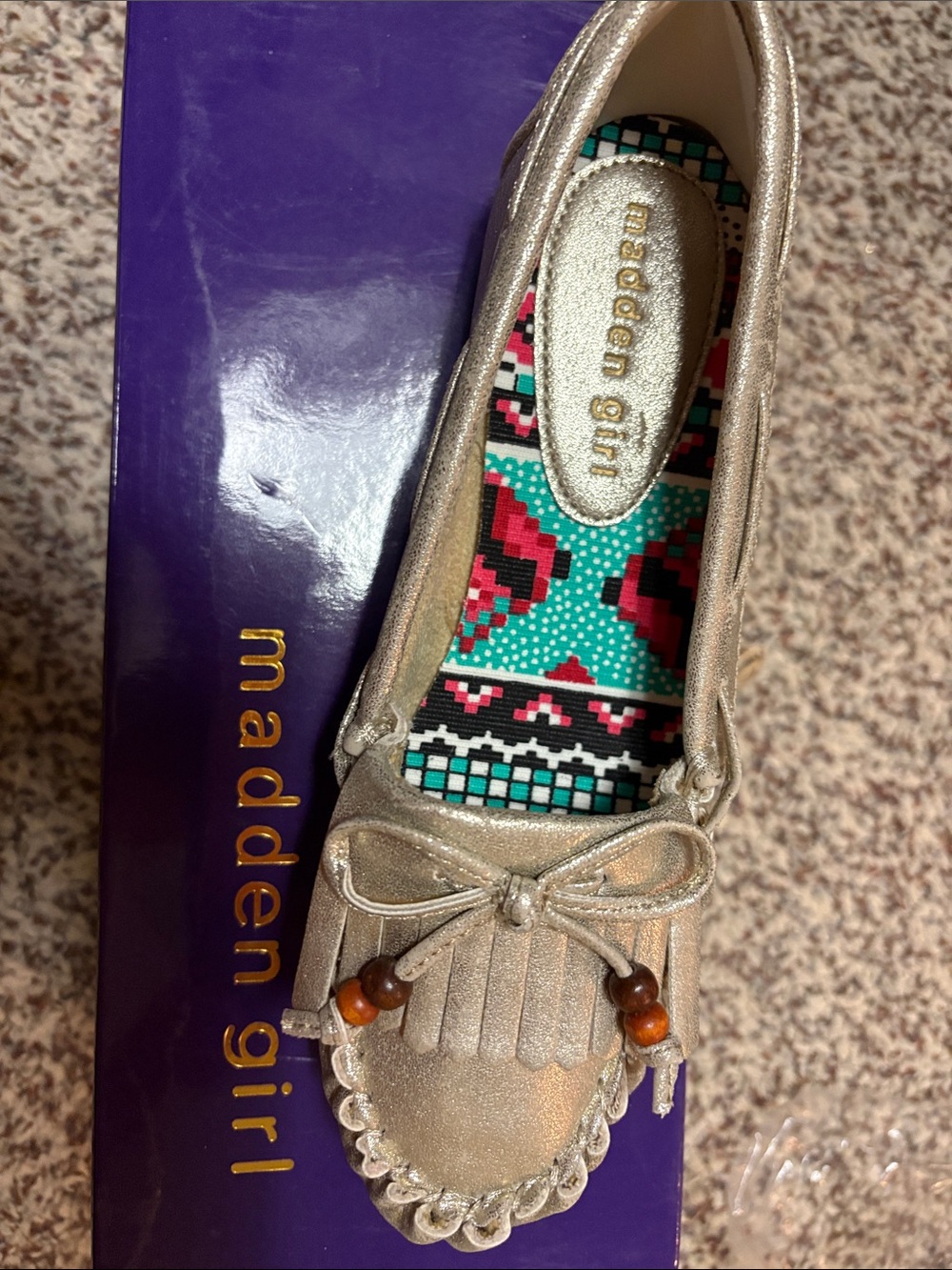 Madden Girl Metallic Gold Moccasin with Bead & Fringe Detail new